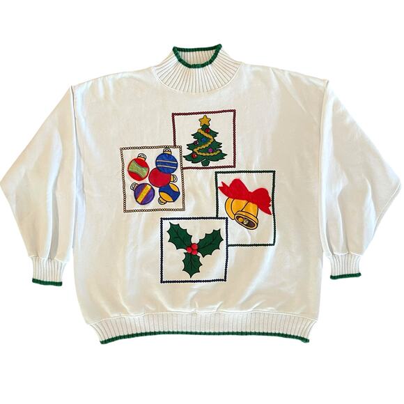 Vintage Tops - Vintage Women's Size XL White Mock Neck Ugly Christmas Sweatshirt Sweater